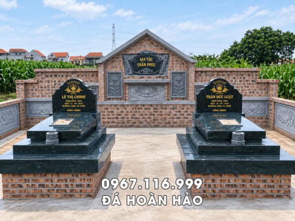 Khu Lăng Mộ cho Bố Mẹ (Cha Mẹ) đẹp với Mẫu Mộ đá xanh rêu 3 cấp nguyên khối đẹp rộng 89cm x dài 127cm